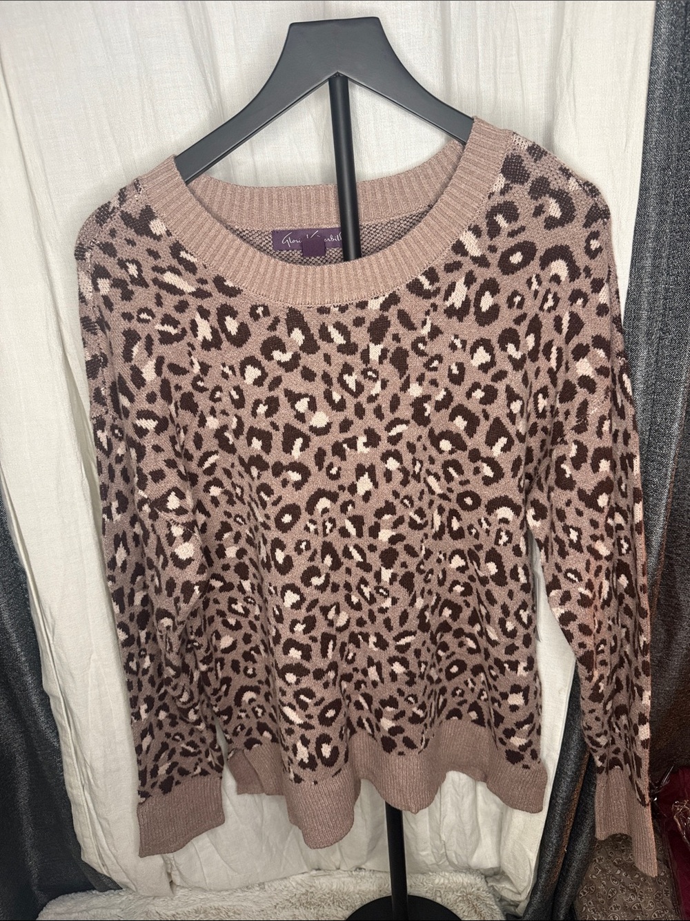 Gloria Vanderbilt Taupe and Dark Brown Leopard Print Crewneck Sweater
